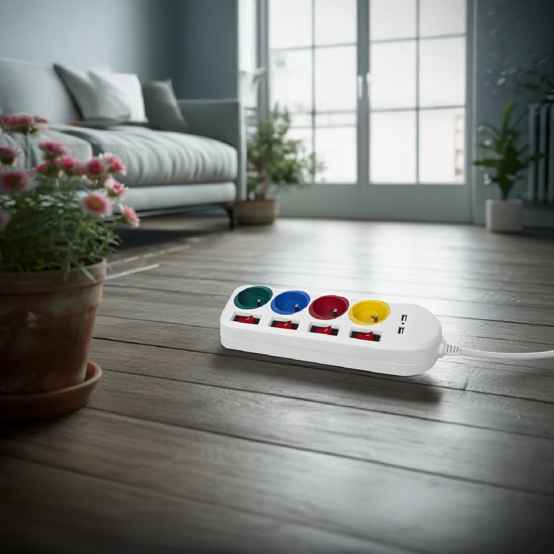 Maclean MCE229 W Verlengstekkerdoos 4 stopcontacten + 2x USB met schakelaars 250VAC/10A, 2,1A 5V, 1,5m wit