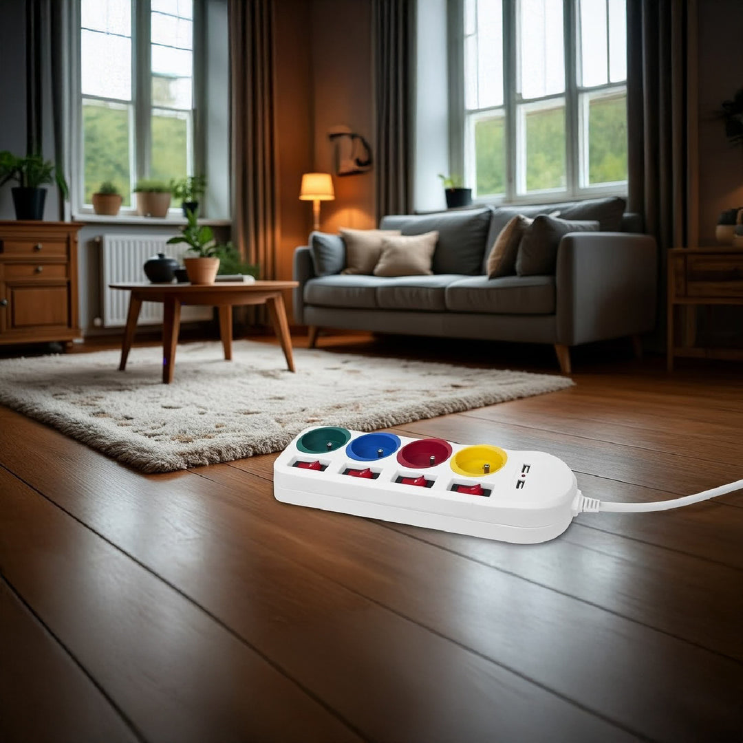 Maclean MCE229 W Verlengstekkerdoos 4 stopcontacten + 2x USB met schakelaars 250VAC/10A, 2,1A 5V, 1,5m wit