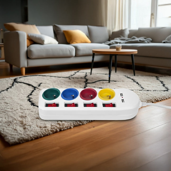 Maclean MCE229 W Verlengstekkerdoos 4 stopcontacten + 2x USB met schakelaars 250VAC/10A, 2,1A 5V, 1,5m wit