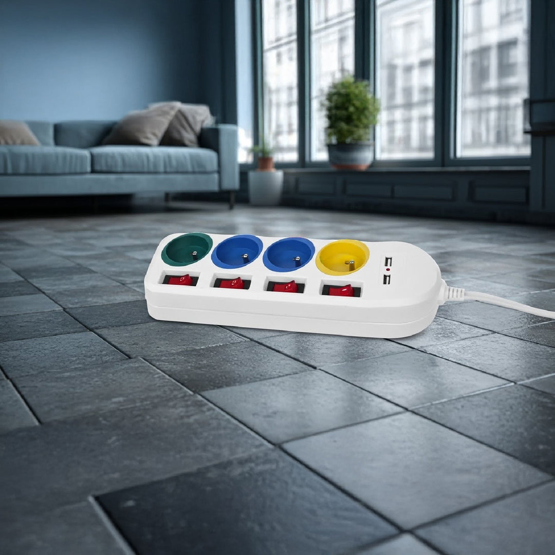 Maclean MCE229 W Verlengstekkerdoos 4 stopcontacten + 2x USB met schakelaars 250VAC/10A, 2,1A 5V, 1,5m wit