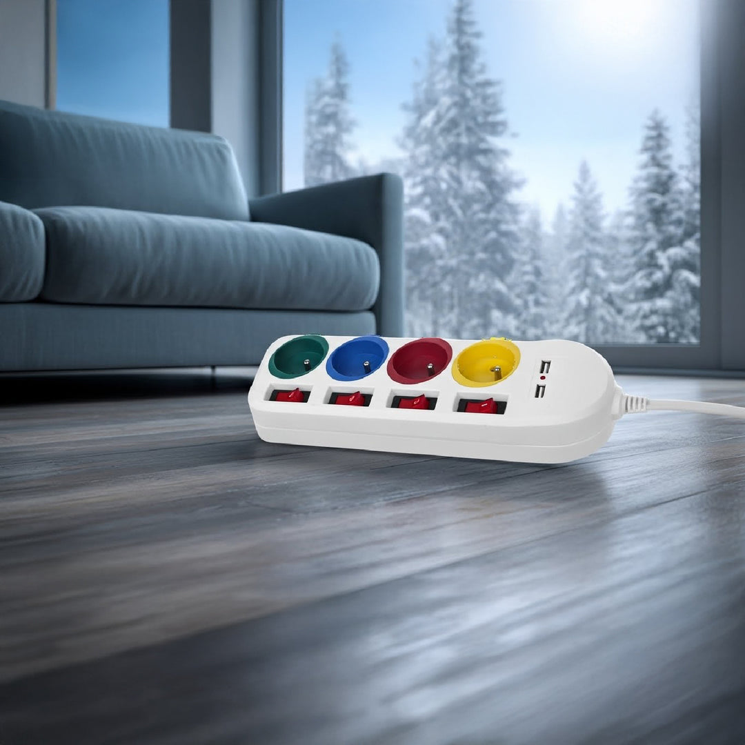 Maclean MCE229 W Verlengstekkerdoos 4 stopcontacten + 2x USB met schakelaars 250VAC/10A, 2,1A 5V, 1,5m wit