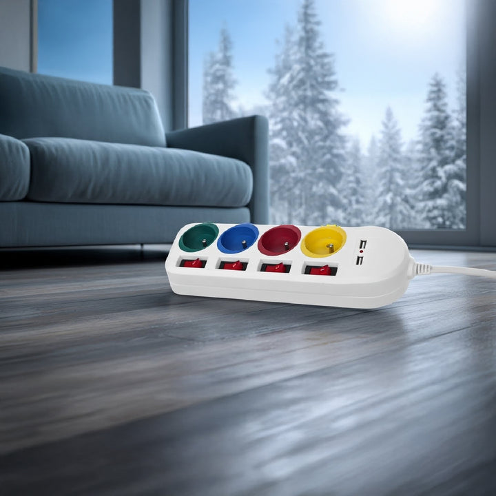 Maclean MCE229 W Verlengstekkerdoos 4 stopcontacten + 2x USB met schakelaars 250VAC/10A, 2,1A 5V, 1,5m wit