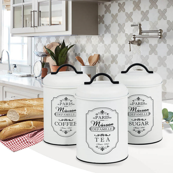 Set van 3 metalen voorraadbakjes Maestro Paris Suikerpot Koffie Thee Keukenbak 3x Ø11,3 x 18,5cm Wit/zwart