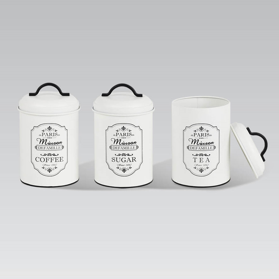 Set van 3 metalen voorraadbakjes Maestro Paris Suikerpot Koffie Thee Keukenbak 3x Ø11,3 x 18,5cm Wit/zwart