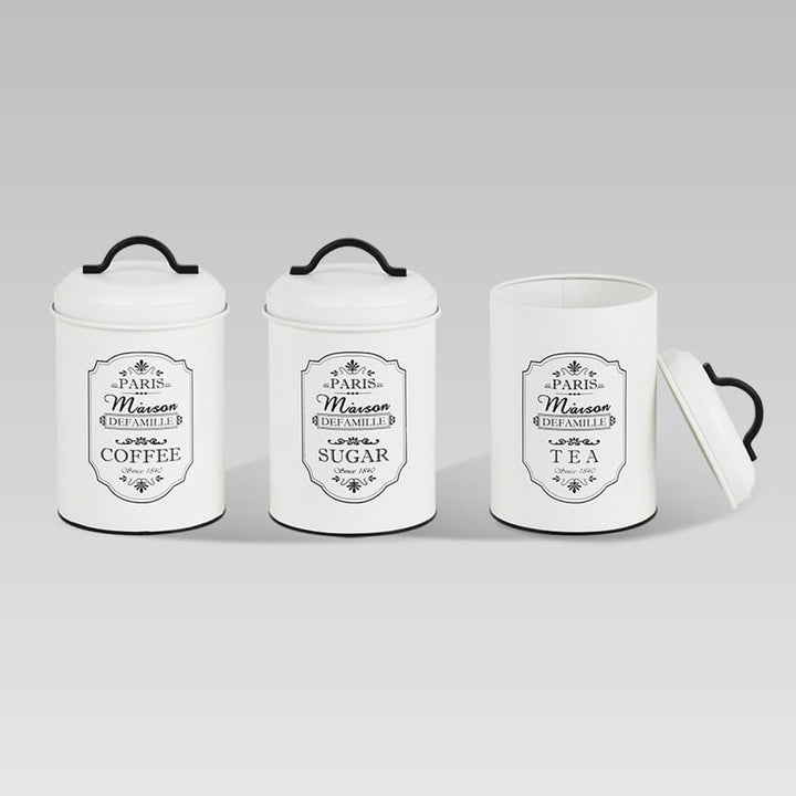 Set van 3 metalen voorraadbakjes Maestro Paris Suikerpot Koffie Thee Keukenbak 3x Ø11,3 x 18,5cm Wit/zwart