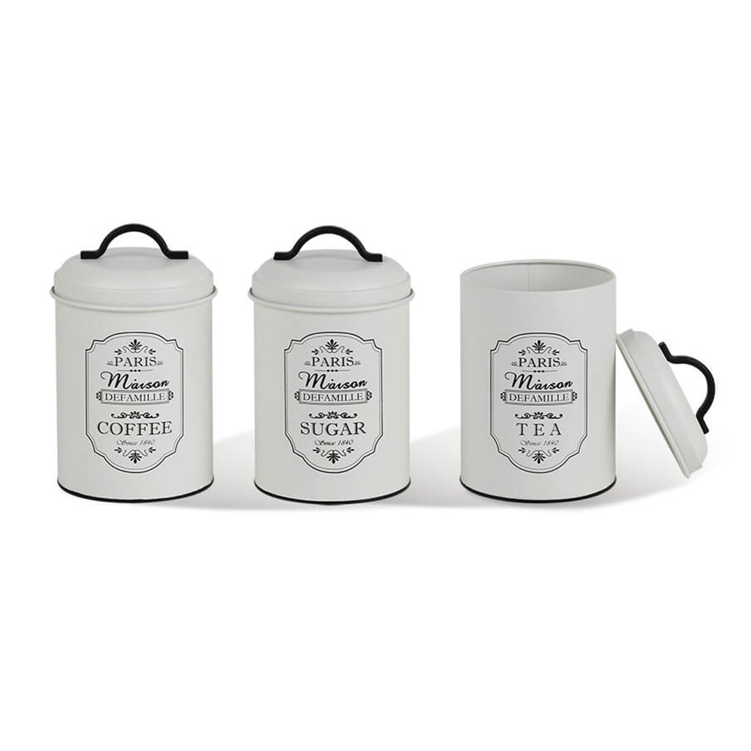 Set van 3 metalen voorraadbakjes Maestro Paris Suikerpot Koffie Thee Keukenbak 3x Ø11,3 x 18,5cm Wit/zwart