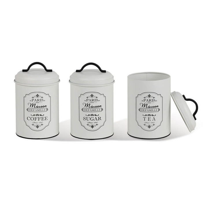 Set van 3 metalen voorraadbakjes Maestro Paris Suikerpot Koffie Thee Keukenbak 3x Ø11,3 x 18,5cm Wit/zwart
