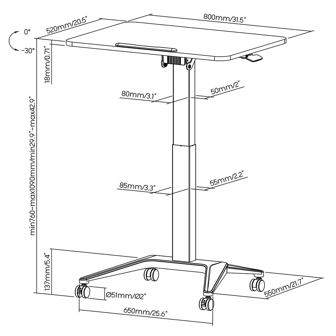 Maclean mobiel laptopbureau, wit, pneumatische hoogteverstelling, 80x52cm, 8kg max, 109cm h, MC-453W