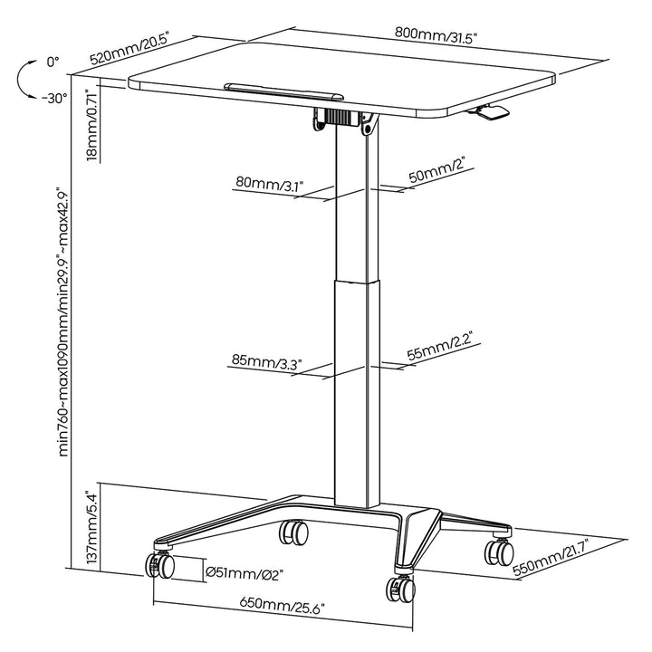 Maclean mobiel laptopbureau, wit, pneumatische hoogteverstelling, 80x52cm, 8kg max, 109cm h, MC-453W