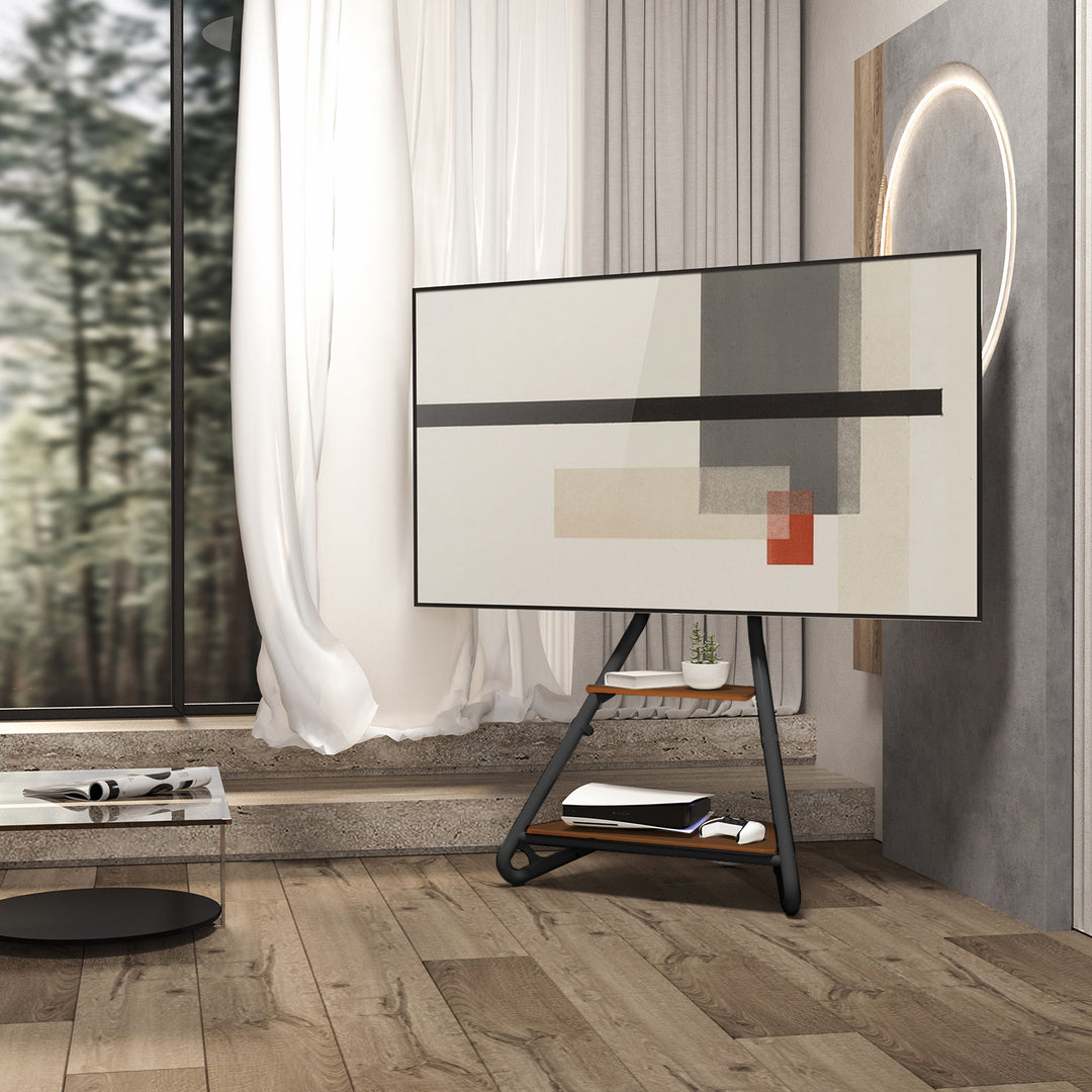Maclean, support d'angle/télévision sur pied, style Bauhaus, étagères en bois à deux niveaux, 40kg max, 37-75'', MC-455