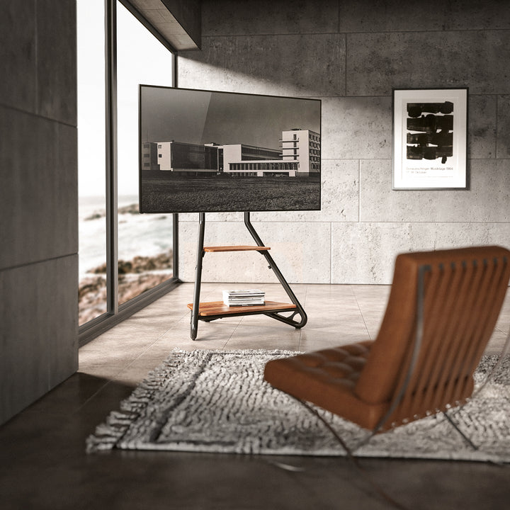Maclean, support d'angle/télévision sur pied, style Bauhaus, étagères en bois à deux niveaux, 40kg max, 37-75'', MC-455