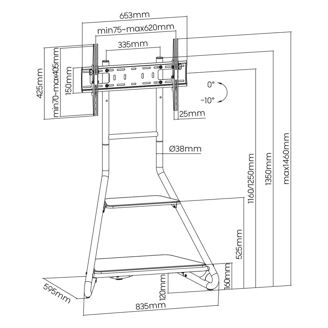 Maclean, support d'angle/télévision sur pied, style Bauhaus, étagères en bois à deux niveaux, 40kg max, 37-75'', MC-455