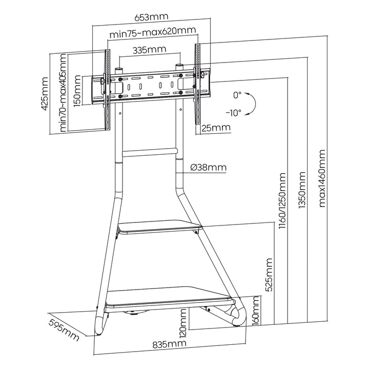 Maclean, support d'angle/télévision sur pied, style Bauhaus, étagères en bois à deux niveaux, 40kg max, 37-75'', MC-455