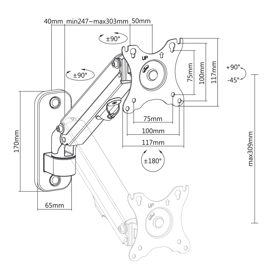 Muurbeugel voor Maclean monitor, 17-27'', 7kg max, gasveer, MC-458