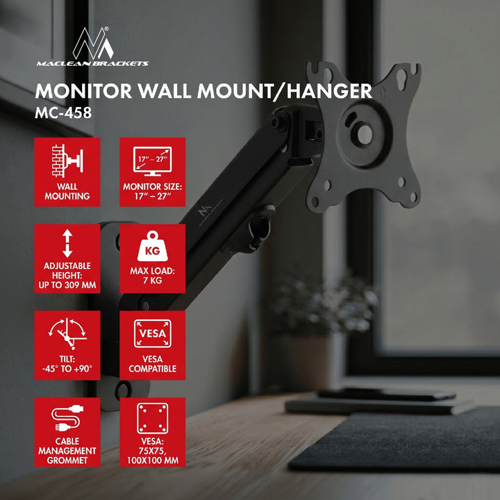 Muurbeugel voor Maclean monitor, 17-27'', 7kg max, gasveer, MC-458
