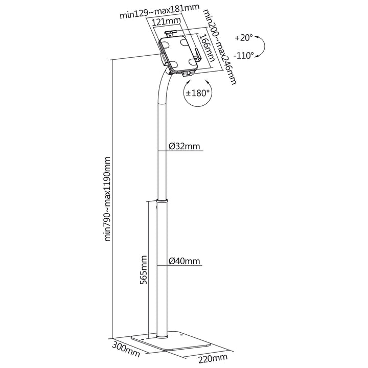 Maclean reclamestandaard voor tablets, vloermontage met slot, 7,9"-11", universeel, MC-467W