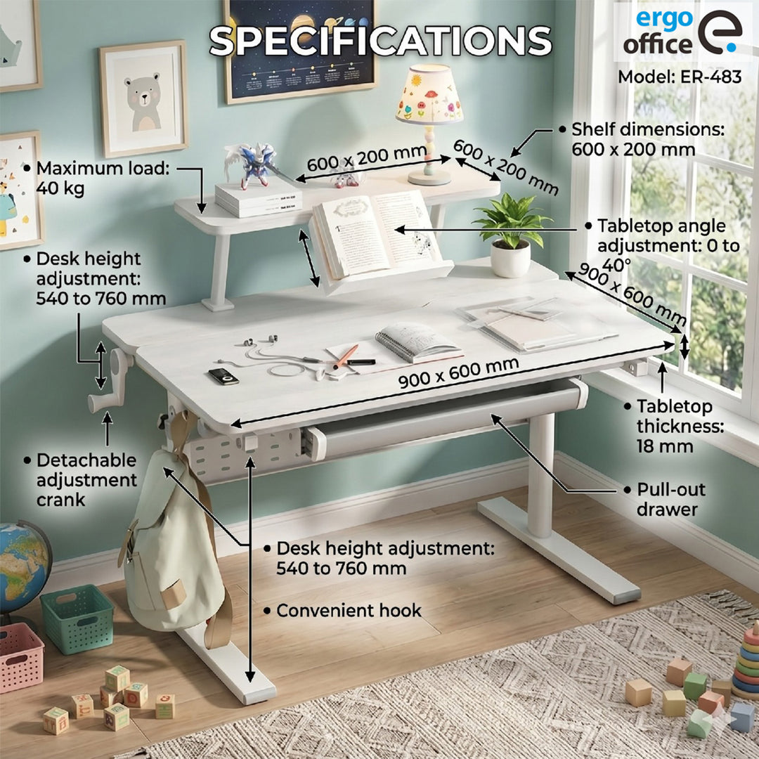 Ergo Office ER-483 In hoogte verstelbaar kinderbureau, grijs, max 40kg, 900x600 mm,