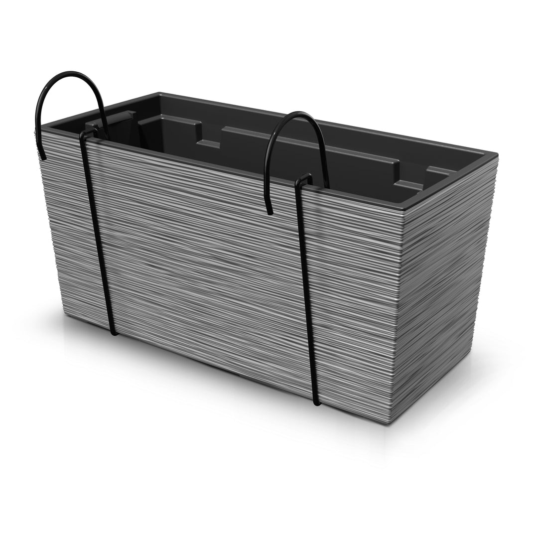 Prosperplast 2in1 Bac à fleurs avec bac intérieur Bac à balcon avec support métallique Aspect cannelé Plastique Rectangulaire 39,5 cm x 18,5 cm x 19,5 cm (Gris)