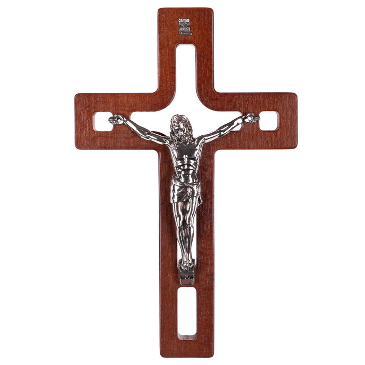 Modern houten hangkruis met bruine pasque 18x12x1,4cm
