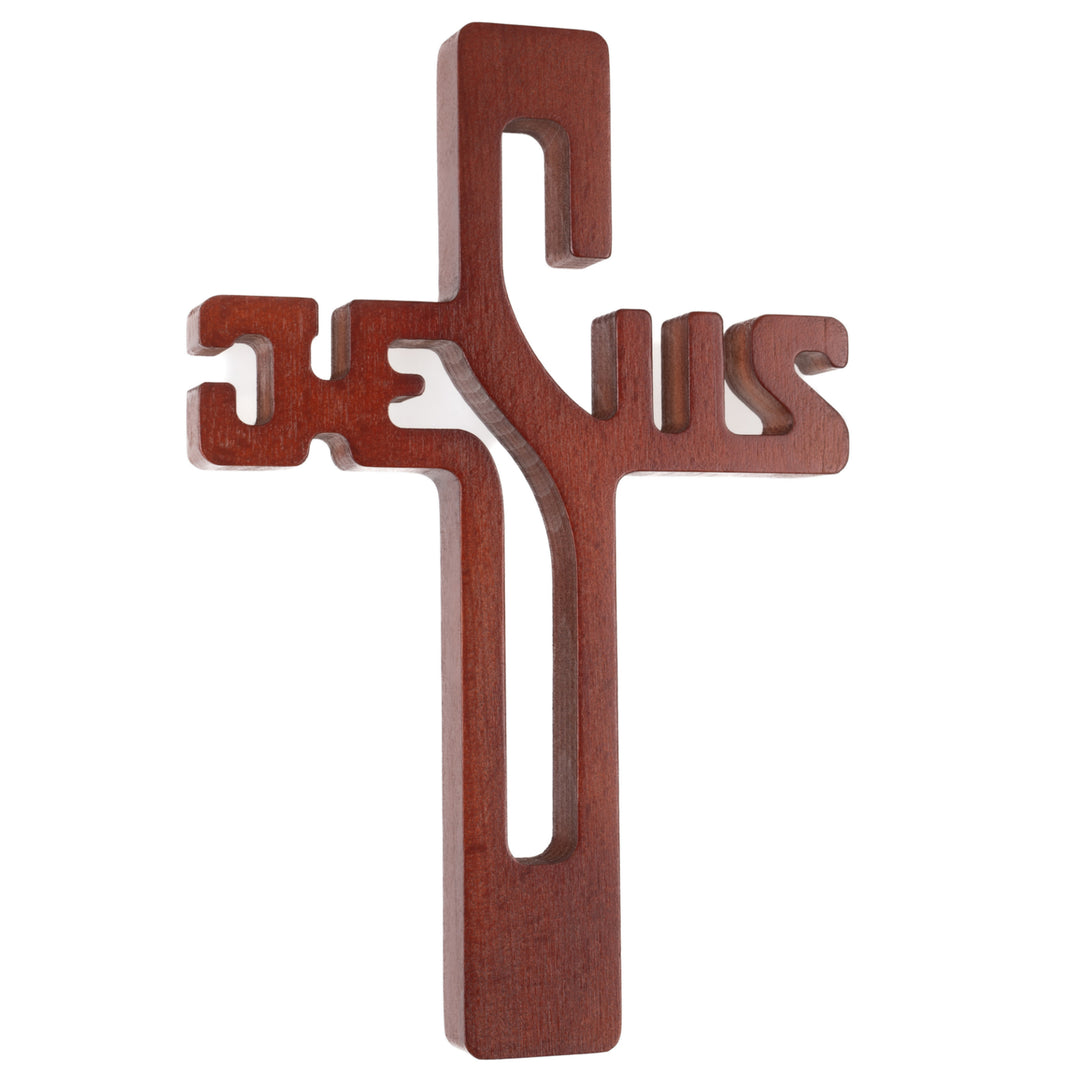 Croix suspendue en bois avec inscription JESUS marron 22x14x1.6cm
