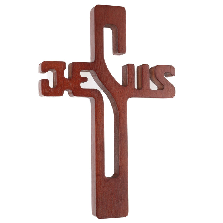 Croix suspendue en bois avec inscription JESUS marron 22x14x1.6cm