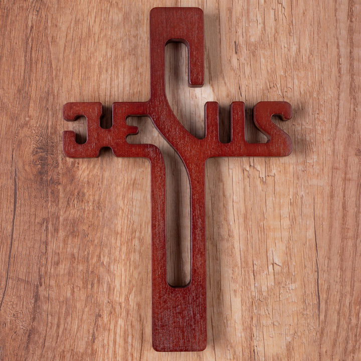 Croix suspendue en bois avec inscription JESUS marron 22x14x1.6cm