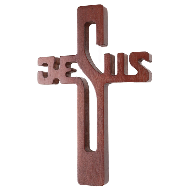 Croix suspendue en bois avec inscription JESUS marron 30x20x1.8cm