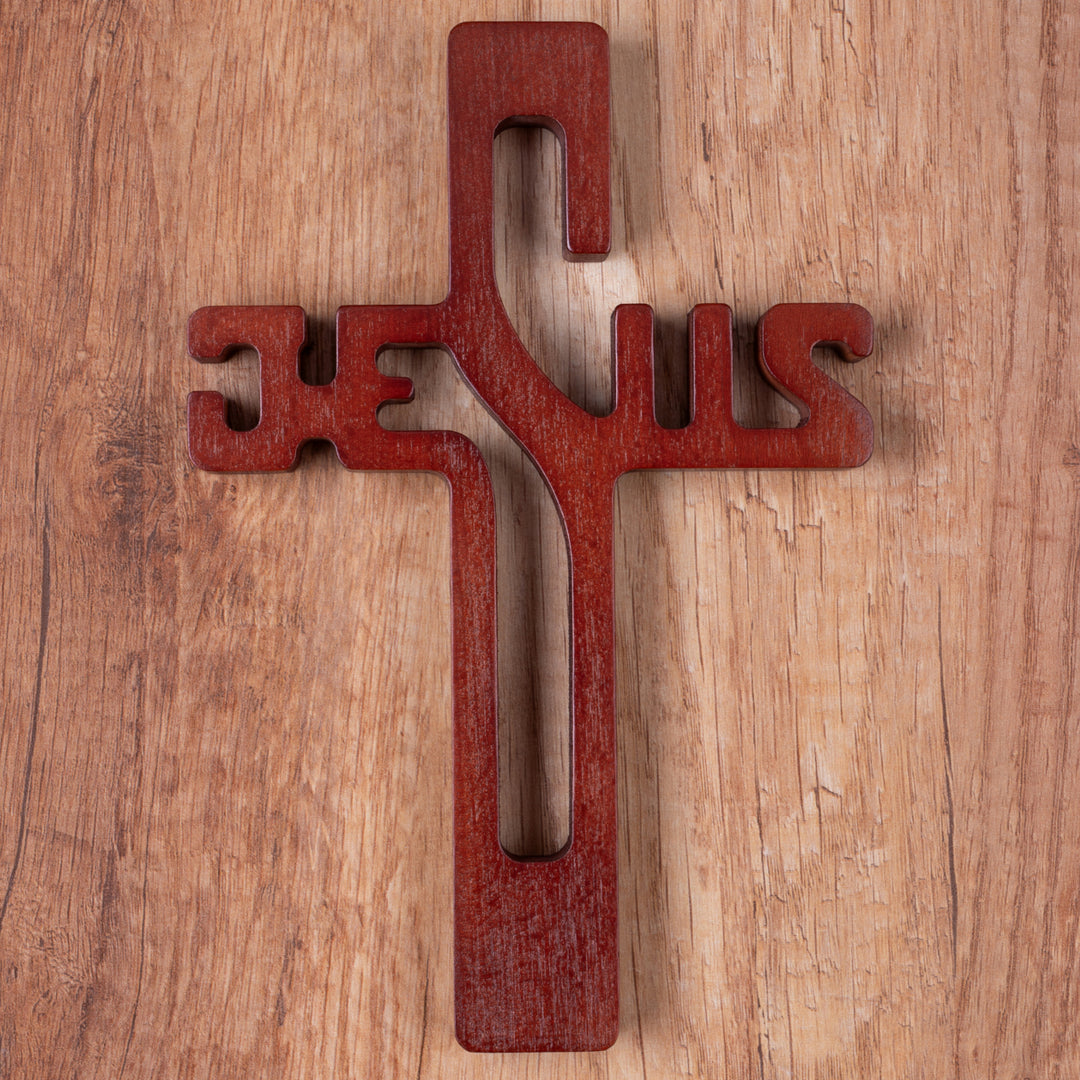 Croix suspendue en bois avec inscription JESUS marron 30x20x1.8cm