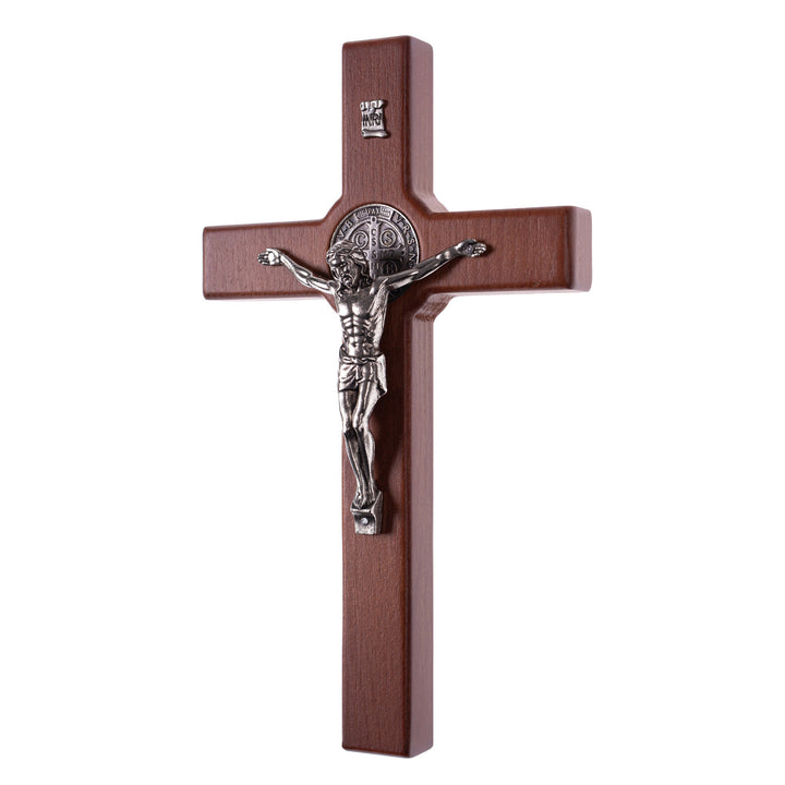 Croix de St Benoît en bois suspendue avec pasque bronze 18x10x1.8cm