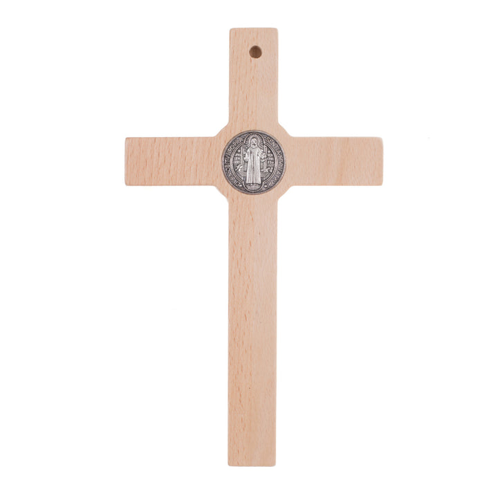Croix de St Benoît suspendue en bois avec pasque naturel 22x12x1.8cm