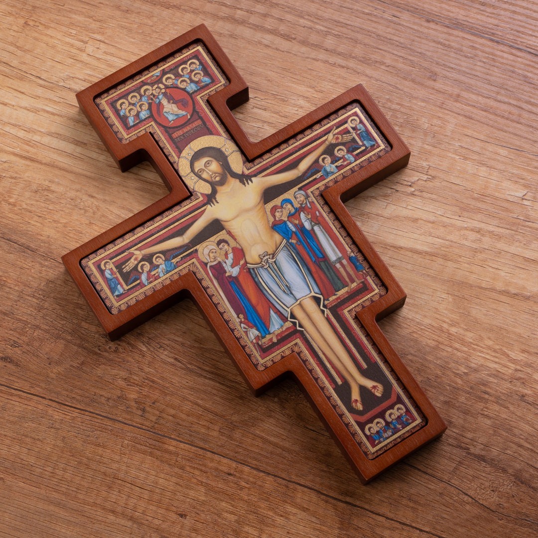 San Damiano houten kruis - Bruin Sint Franciscus kruis 28x20x1,8 cm
