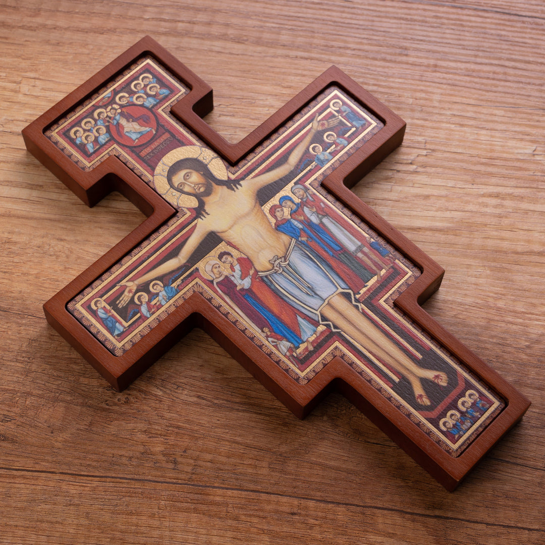 San Damiano houten kruis - Bruin Sint Franciscus kruis 28x20x1,8 cm