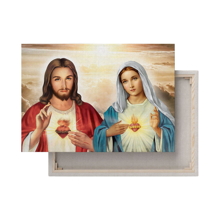 Peinture sur toile Coeur de Jésus Coeur de Marie 50x70 cm