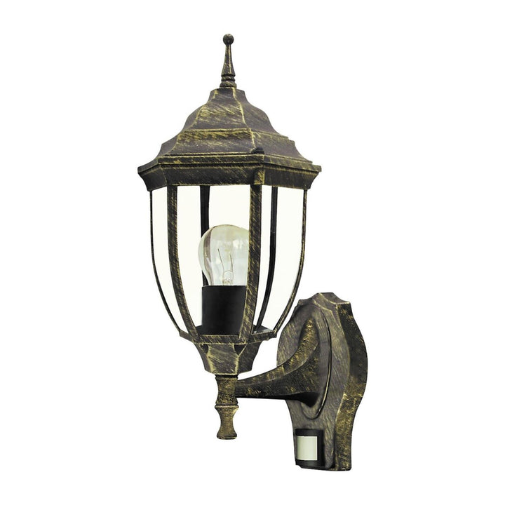 Wandlamp Rabalux Nizza in antiek goud met bewegings- en schemersensor. E27-fitting, vermogen 60 W, beschermingsklasse IP43.