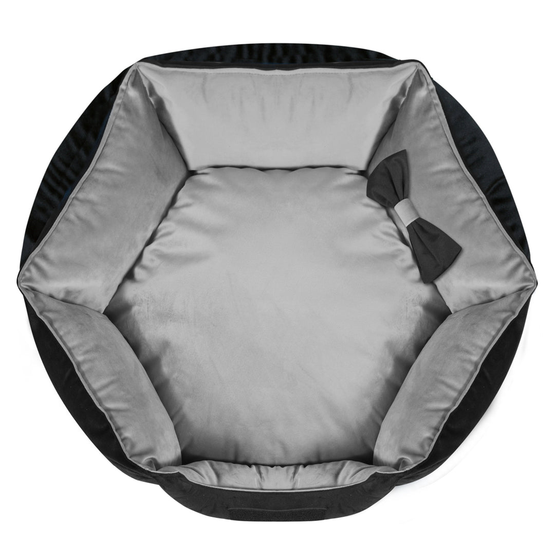 KingDog Prestige Lit de velours pour chien avec housse amovible et fond antidérapant Corbeille pour chien Lit pour animaux Lit pour animaux Hexagonal Décor-Velours (Diamètre : 50 cm, noir/gris)