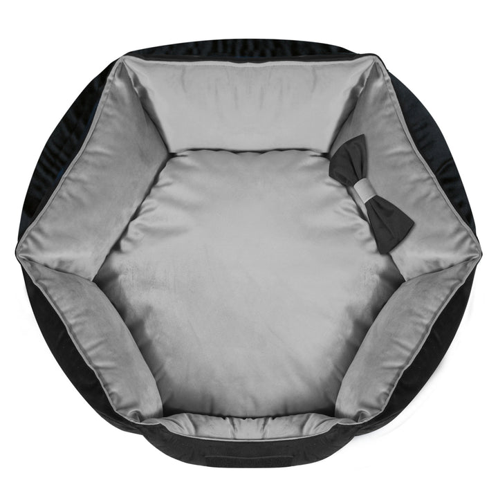 KingDog Prestige Lit de velours pour chien avec housse amovible et fond antidérapant Corbeille pour chien Lit pour animaux Lit pour animaux Hexagonal Décor-Velours (Diamètre : 50 cm, noir/gris)