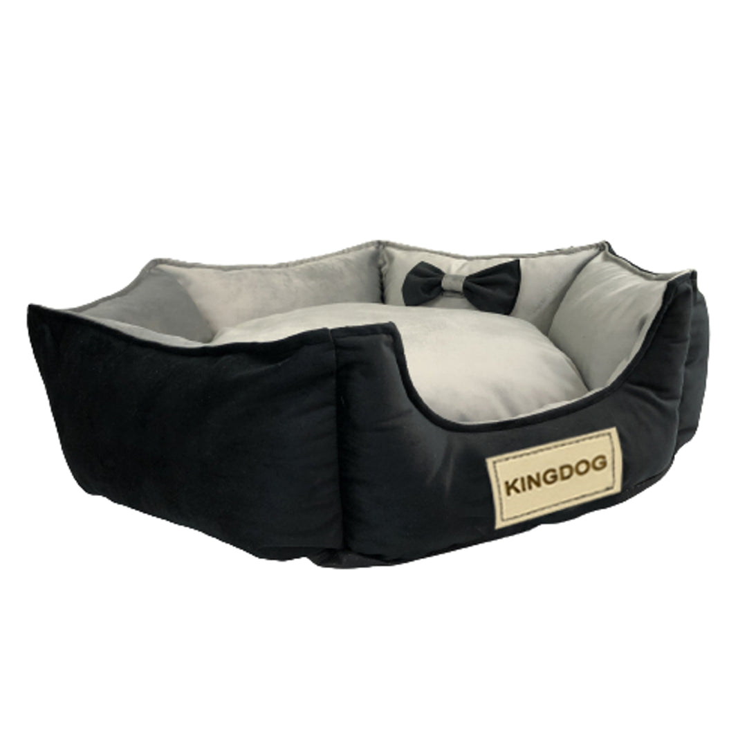 KingDog Prestige Lit de velours pour chien avec housse amovible et fond antidérapant Corbeille pour chien Lit pour animaux Lit pour animaux Hexagonal Décor-Velours (Diamètre : 50 cm, noir/gris)