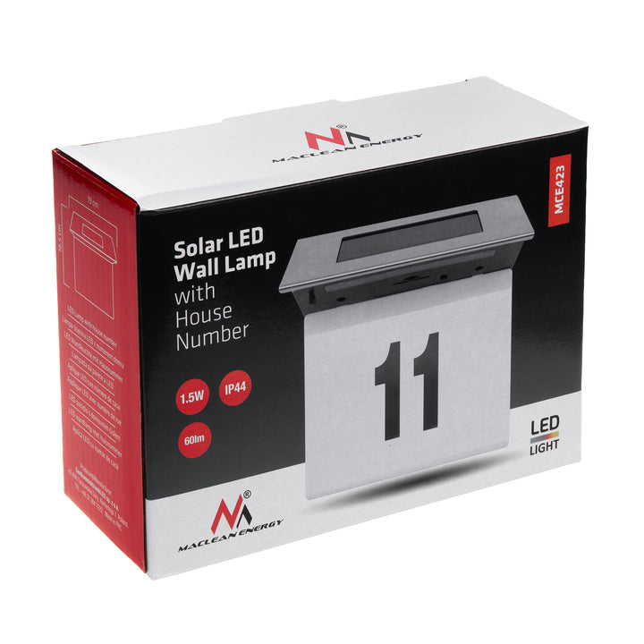 LED-zonnelamp met huisnummer Maclean, IP44, 1W, 60lm, 6000K, 600 mAh accu, 2,5V DC 70mA, MCE423