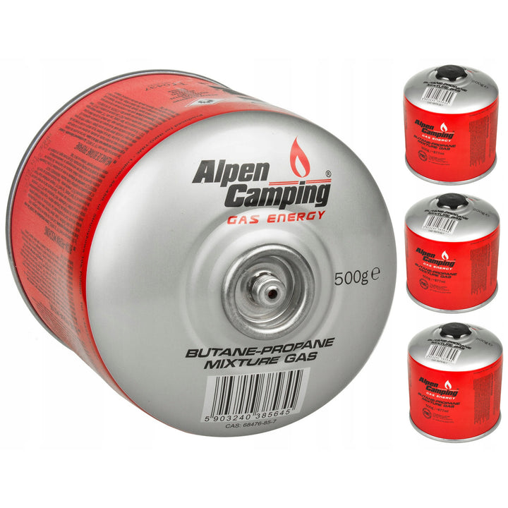 4x 500g Alpen Camping cartouche de gaz. Certificat : Pi 0437, conforme à la norme EN417, propane-butane, plage de -10°c à + 40°c, valve 7/16" IK008