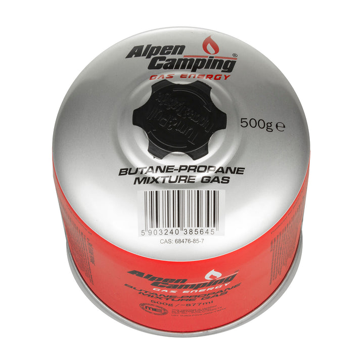 3x Alpen Camping 500g cartouche de gaz. Certificat : Pi 0437, conforme à la norme EN417, propane-butane, plage de -10°c à + 40°c, valve 7/16" IK008