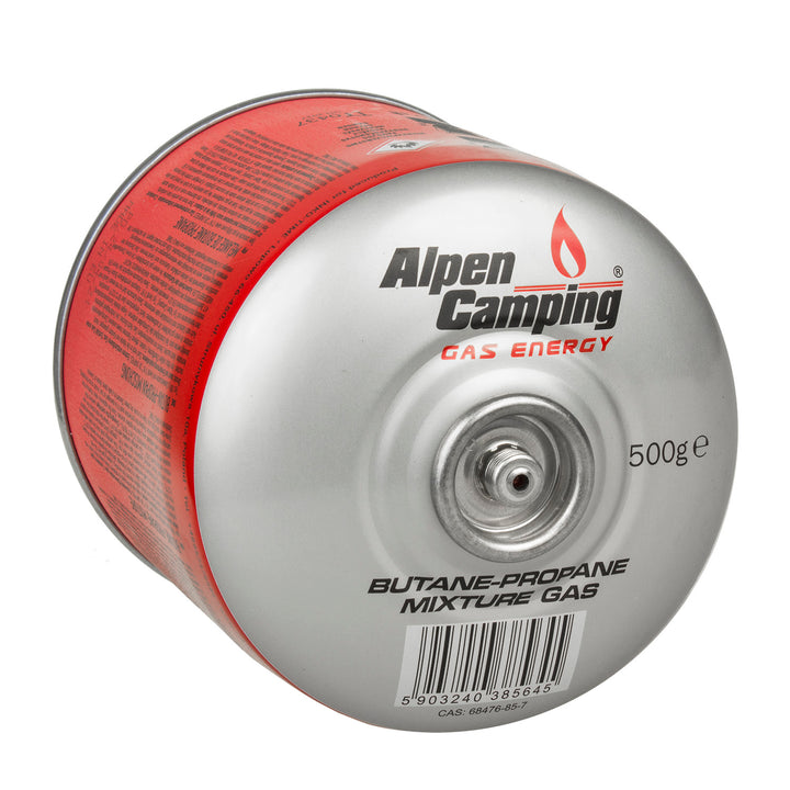 3x Alpen Camping 500g cartouche de gaz. Certificat : Pi 0437, conforme à la norme EN417, propane-butane, plage de -10°c à + 40°c, valve 7/16" IK008