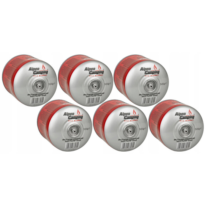 6x Alpen Camping 500g cartouche de gaz. Certificat : Pi 0437, selon EN417, propane-butane, plage de -10°c à + 40°c, valve 7/16" IK008