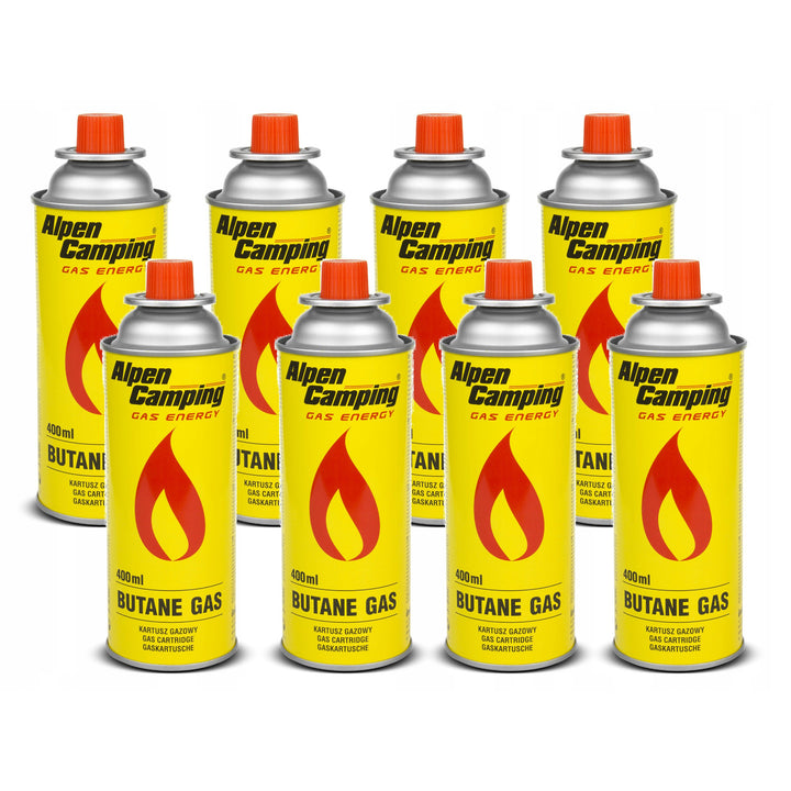 8x Alpen Camping 400ml cartouche de gaz. Certificat : Pi 0875, conforme à EN417, isobutane, plage de fonctionnement -10°c à + 40°c, IK004