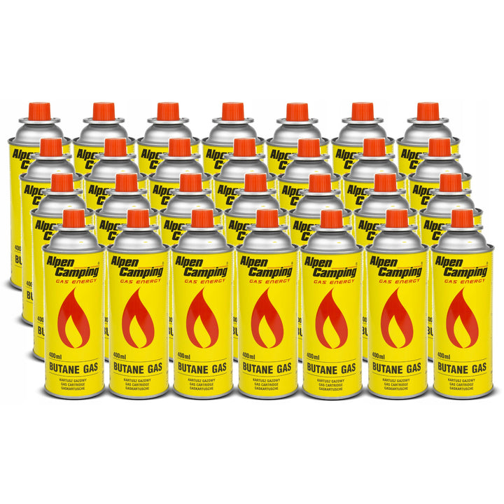 28x Alpen Camping 400ml cartouche de gaz. Certificat : Pi 0875, conforme à EN417, isobutane, plage de fonctionnement -10°c à + 40°c, IK004