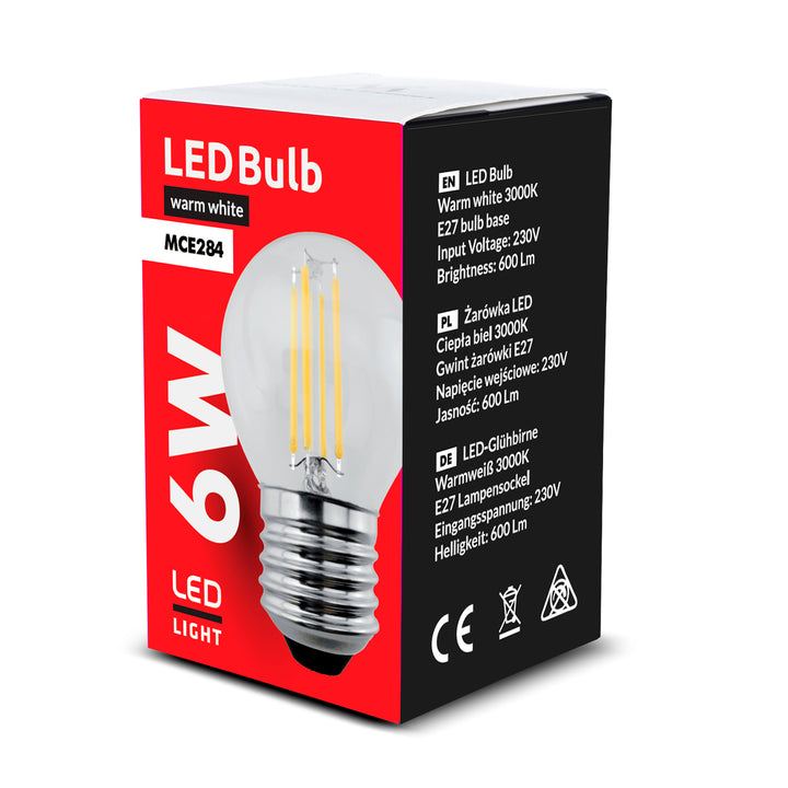 6x Maclean, ampoule à filament LED E27, 6W, 230V, WW blanc chaud 3000K, 600lm, rétro edison décorative G45, MCE284