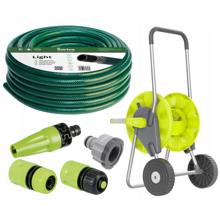 Set de jardinage - 50m de tuyau 1/2'', chariot, raccord rapide - passage et arrêt, arroseur droit, raccord fileté femelle