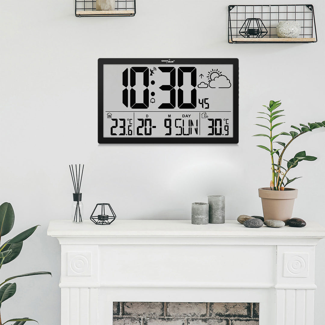Weerstation Digitale wandklok met buitensensor, DCF-klok, 37x22,5cm Grote wandklok, alarm met snooze-functie, LCD-display, binnen- en buitentemperatuur, weersverwachting
