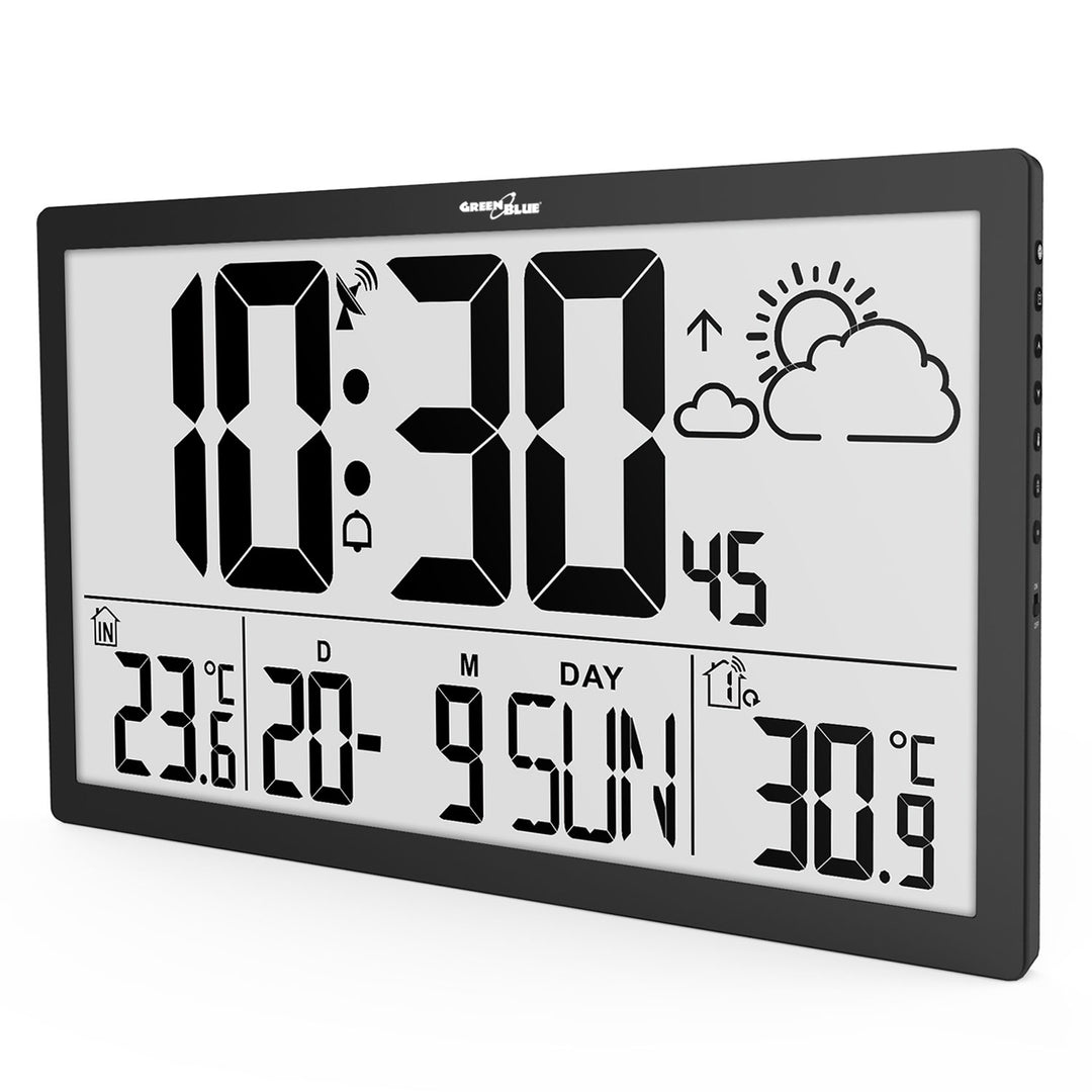 Weerstation Digitale wandklok met buitensensor, DCF-klok, 37x22,5cm Grote wandklok, alarm met snooze-functie, LCD-display, binnen- en buitentemperatuur, weersverwachting