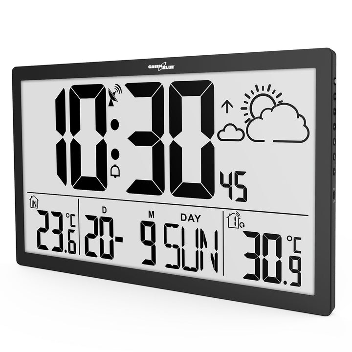 Weerstation Digitale wandklok met buitensensor, DCF-klok, 37x22,5cm Grote wandklok, alarm met snooze-functie, LCD-display, binnen- en buitentemperatuur, weersverwachting