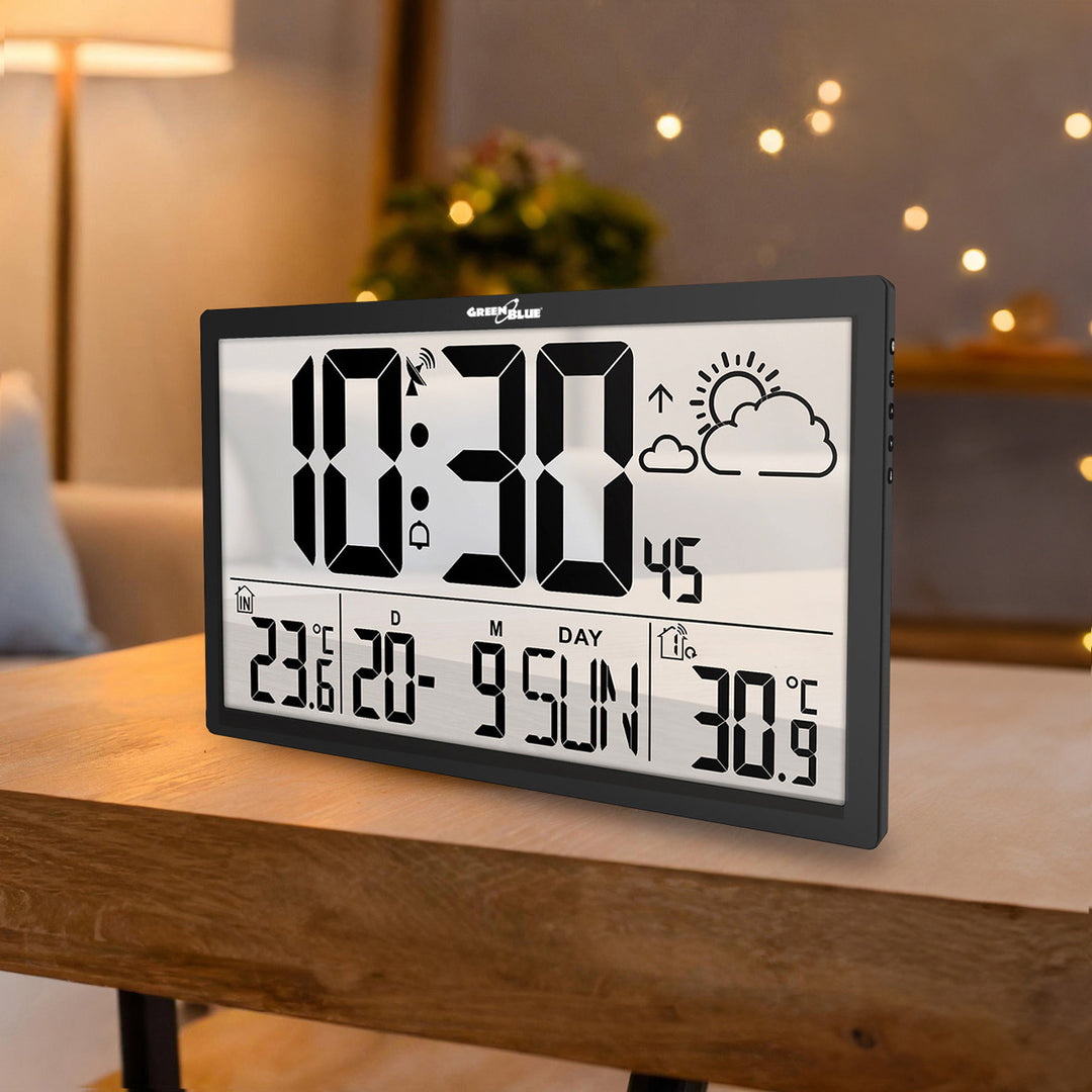 Weerstation Digitale wandklok met buitensensor, DCF-klok, 37x22,5cm Grote wandklok, alarm met snooze-functie, LCD-display, binnen- en buitentemperatuur, weersverwachting